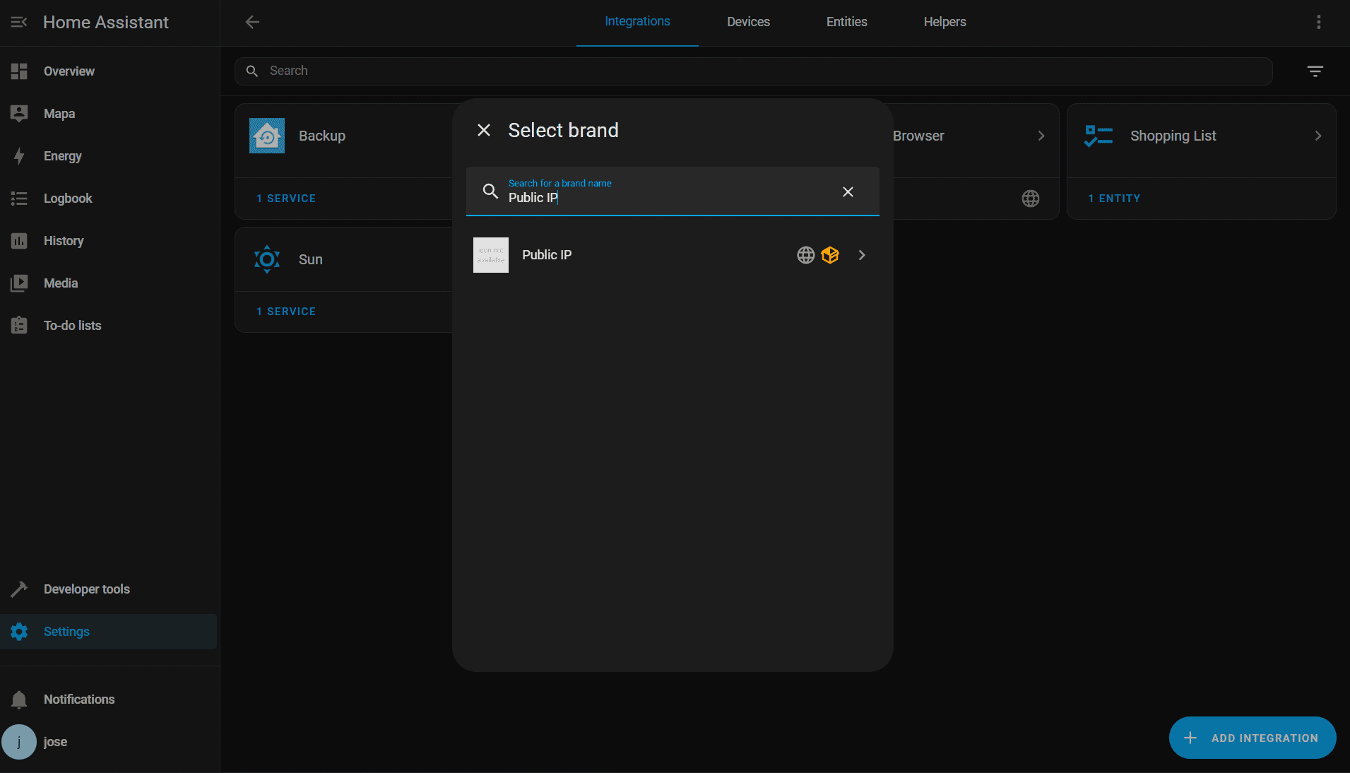 Screenshot of the integration in Home Assistant