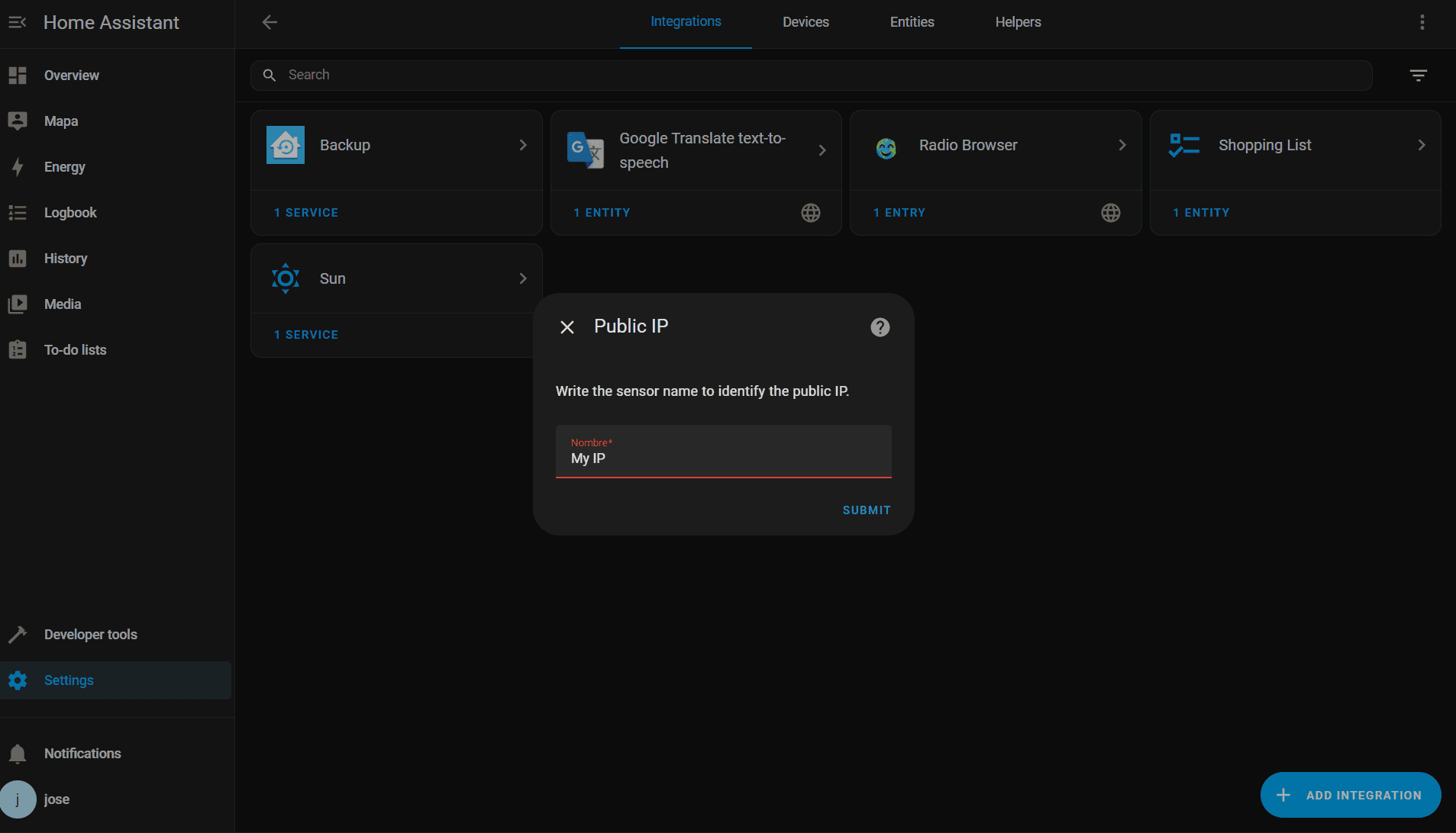 Screenshot of the integration in Home Assistant
